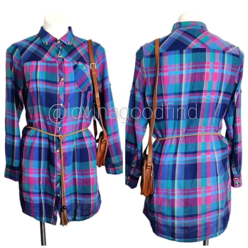 Urban Outfitters Soft Plaid Shirt Tunic Dress with Braided Belt EUC sz L